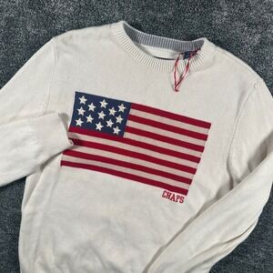 Chaps Sweater Mens S American Flag Cream Red Blue Cotton Pullover Americana USA